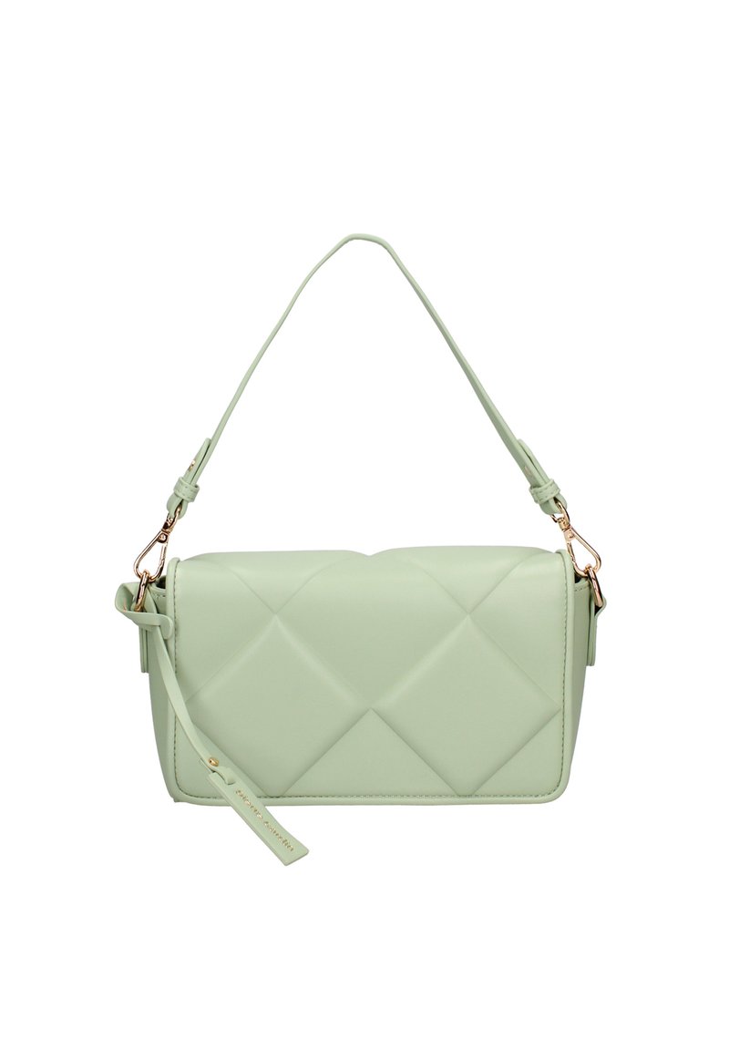 Lichtgroene, faux leren handtas met een gequilt design, een afneembare schouderriem en gouden hardware. Beschikt over een ritssluiting en een zijaccentlabel.