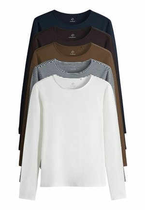 Set aus fünf langärmligen T-Shirts: weiß, dunkelblau, braun, dunkelbraun und gestreift. Hergestellt aus weichem Stoff mit Rundhalsausschnitten und tailliertem Design.