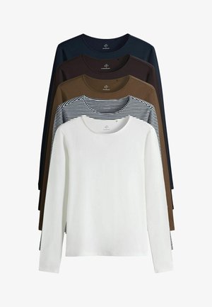 Sæt af fem langærmede T-shirts: hvid, mørkeblå, brun, mørkebrun og stribet. Lavet af blødt stof med rund hals og tætsiddende design.