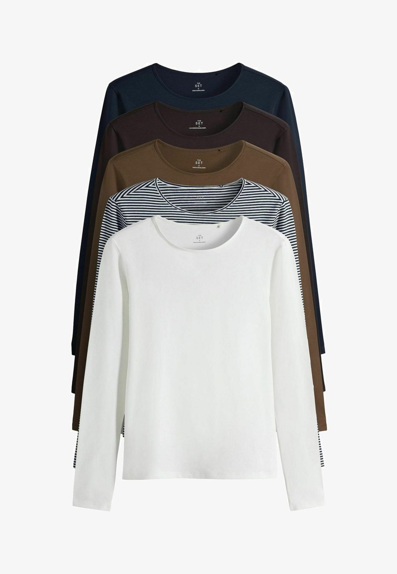 Viie pika varrukaga T-särgi komplekt: valge, tume sinine, pruun, tume pruun ja triibuline. Valmistatud pehmest kangast, ümmarguse kaelusega ja sobiva disainiga.