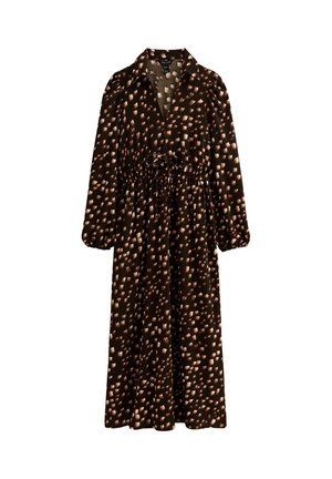 Vestito marrone a maniche lunghe con cintura annodata in vita, caratterizzato da un motivo a macchie chiare, scollatura con colletto e silhouette fluida.
