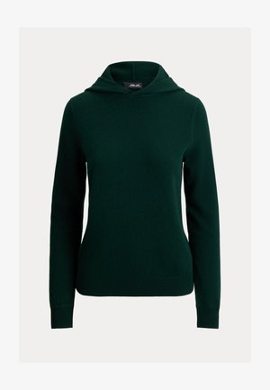 Zelená kapucňová mikina vyrobená z měkké tkaniny. Obsahuje dlouhé rukávy, žebrované lemy a jednoduchý design bez viditelných vzorů nebo akcentů.