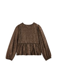 Rjava bleščeča dolgosleeve majica s krožnim izrezom in peplum obliko. Tekstura tkanine dodaja dimenzijo; elastični manšeti ustvarjata prilega videz.