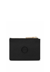 Portafoglio in pelle nera con finitura testurizzata, chiusura zip e dettaglio a forma di cerchio sul davanti. Forma rettangolare compatta.