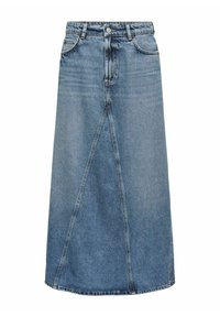 Jeansmidikjol i ljusblått med hög midja, ett framsömnadsdetalj och en rak silhuett med rå kant.