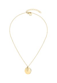 Gouden halsketting met een verfijnde ketting, voorzien van een ronde hanger versierd met een bloemig snijontwerp en een klein logo-label.