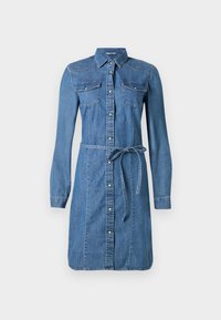 Jeanskjortekjole, lyseblå, lange ermer, knappestolpe foran, to brystlommer, avtagbart midjebånd, med avrundet kant og sømdetaljer.
