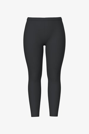 Leggings neri elasticizzati a vita alta con design aderente alla caviglia e cintura liscia, mostrati su sfondo bianco.