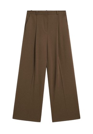Pantaloni larghi marroni realizzati in tessuto morbido, dotati di due tasche laterali, una parte frontale piatta e pieghe nette per una maggiore struttura.