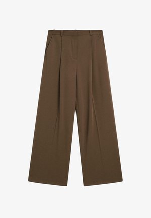 Hnědé široké kalhoty vyrobené z hladkého materiálu, se dvěma bočními kapsami, plochým předním dílem a ostrými sklady pro strukturu.