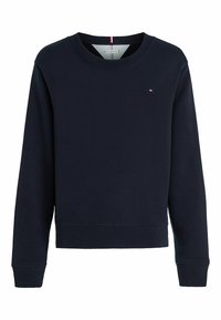 Felpa blu navy realizzata in morbido cotone, con girocollo, polsini a costine e un piccolo logo sul petto. Vestibilità casual.