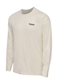 Langärmliges cremefarbenes T-Shirt aus Baumwolle mit Rundhalsausschnitt und kleinem Logo in Marineblau und Rot auf der linken Brust.