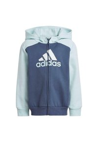 Sudadera con capucha y cremallera, con un frente azul marino y mangas azul claro, que presenta un destacado logo blanco de Adidas en el pecho. Material suave.