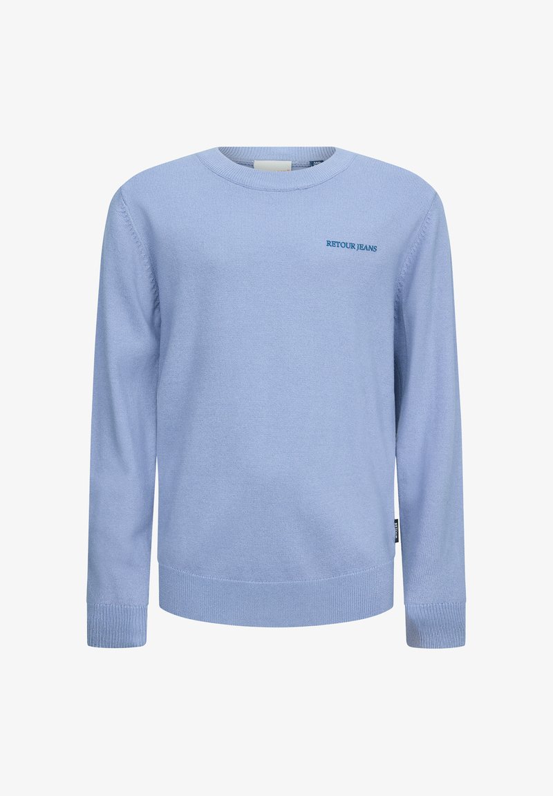 Helles blaues Sweatshirt aus Baumwolle, mit Rundhalsausschnitt, gerippten Bündchen und Saum sowie einer dunkelblauen Stickerei von "RETOUR JEANS".