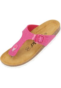 Rosa glittrig flip-flop sandal med en texturerad syntetisk rem, justerbar spänne, korkfotbädd och flexibel vit sula.