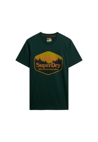 Groene katoenen t-shirt met een grote oranje en bruine grafiek. Het ontwerp bevat bergen, bomen en de tekst "SuperDry" met een zonmotief.