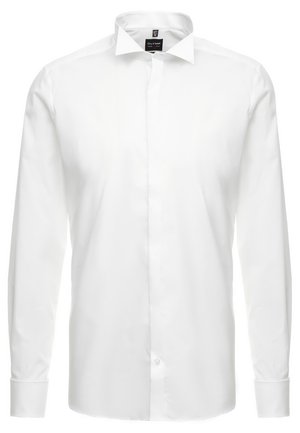 Weißes langärmliges Hemd aus glattem Stoff. Verfügt über einen klassischen Kragen und eine durchgehende Knopfleiste. Taillierte Passform mit Knopfmanschetten.