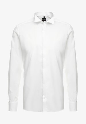 Weißes langärmliges Hemd aus glattem Stoff. Verfügt über einen klassischen Kragen und eine durchgehende Knopfleiste. Taillierte Passform mit Knopfmanschetten.