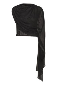 Μαύρο διαφανές ασύμμετρο τοπ με drapε ύφασμα και ένα μακρύ ρέον μανίκι που κρέμεται από τη μία πλευρά.