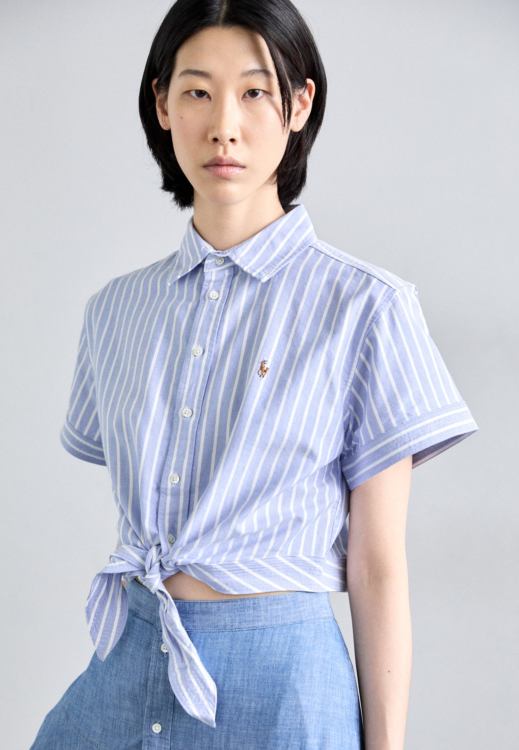 売れ筋商品|||ラルフローレン シャツ レディース トップス COTTON OXFORD TIE FRONT CROPPED SHIRT - Button-down blouse - white Striped Oxford Tie-Front Cropped Shirt