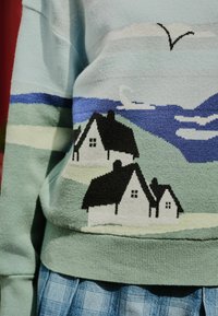 Pullover mit einem Landschaftsdesign, das schwarzbedachte Häuser, grüne Hügel, blauen Himmel, weiße Wolken und einen fliegenden schwarzen Vogel zeigt.