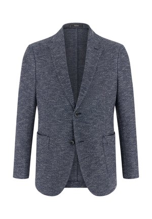 Granatowa marynarka męska w jodełkę, zapinana na dwa guziki, z rozcięciem na klapach i naszywanymi kieszeniami z przodu, prezentowana na białym tle.