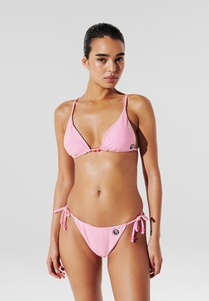 Pink striped bikini with triangular top and side-tie bottoms. Features a small logo on the left side and textured fabric.