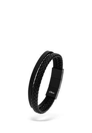 Black double-wrap bracelet with one braided and one smooth leather band, secured by a magnetic clasp engraved with "s.Oliver."