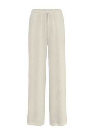 Light beige wide-leg pants made from textured fabric, featuring a drawstring waistband and a relaxed fit, ideal for casual wear.