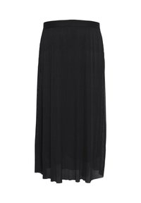 Jupe plissée noire avec une large ceinture élastique. Tissu léger et fluide avec une texture lisse. Design mi-long sans embellissements.