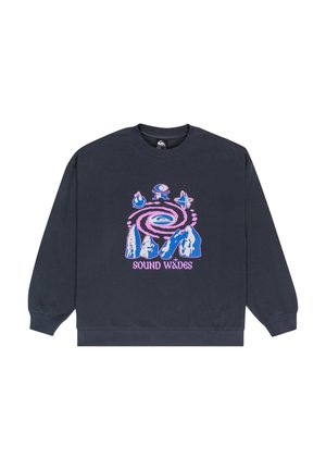 Dunkelblaues Sweatshirt mit grafischem Design, das Wirbel, Berge und Icons in Rosa und Blau zeigt. Klassischer Rundhalsausschnitt und gerippte Bündchen.