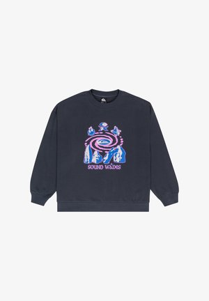 Mørkeblå sweatshirt med et grafisk design med svulster, bjerge og ikoner i rosa og blå. Klassisk rund hals og ribbede manchetter.