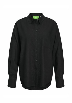 Zwarte button-up shirt gemaakt van linnen, met een kraag, lange mouwen, één borstzak en een relaxte pasvorm met een gebogen onderrand.
