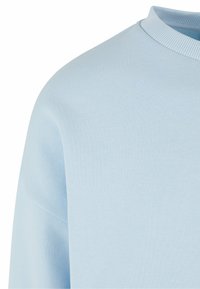 Hellblauer Pullover mit geripptem Rundhalsausschnitt, weicher Textur und lockerer Passform, mit glatter Oberfläche und ohne sichtbare Muster.