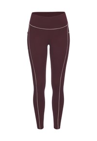 Sieviešu bordo augstās jostas bikses ar baltu maliņu garš šuvēm un pieguļošu potīšu garumu.