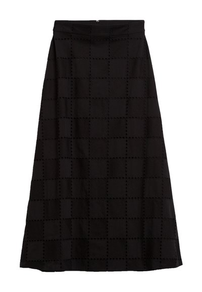 Gonna maxi nera con un motivo a quadri testurizzato e ritagli circolari. Presenta una vita aderente e una chiusura con zip sul retro.