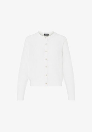 Witte cardigan van gestructureerde brei stof, met een ronde hals, lange mouwen en zes knoopsluitingen met decoratieve accenten.