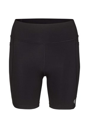 Schwarze nahtlose Sportshorts mit hoher Taille, Flachnähten und einem kleinen reflektierenden Logo am unteren linken Bein.