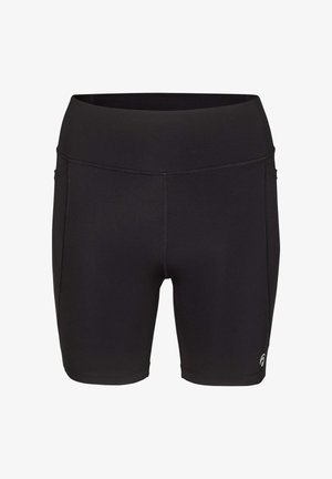 Schwarze nahtlose Sportshorts mit hoher Taille, Flachnähten und einem kleinen reflektierenden Logo am unteren linken Bein.