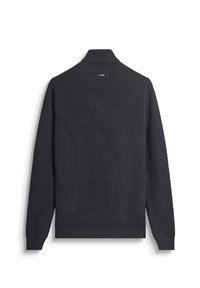 Tamnosivi pleteni pulover s visokim ovratnikom, koji ima teksturirani uzorak i rebraste rukave. Pogled odostraga ne prikazuje vidljive logotipe ili ukrase.