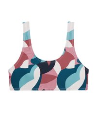 Soutien-gorge de sport aux couleurs mélangées ; motif graphique avec du teal, du rose, du blanc et du bleu marine. Dispose de larges bretelles et d'une bande élastique pour un soutien.