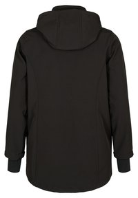 Black hooded jacket with a smooth, matte finish. Features a relaxed fit, long sleeves, and elastic cuffs. Simple design, no visible hardware.