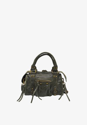 Sac à main en cuir vert avec une forme arrondie, quincaillerie dorée, zips latéraux et pampilles décoratives. Comprend des doubles poignées et une bandoulière amovible.