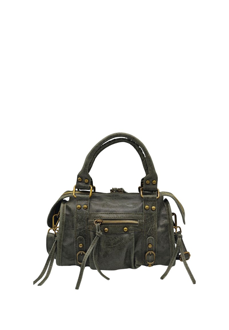 Sac à main en cuir vert avec une forme arrondie, quincaillerie dorée, zips latéraux et pampilles décoratives. Comprend des doubles poignées et une bandoulière amovible.