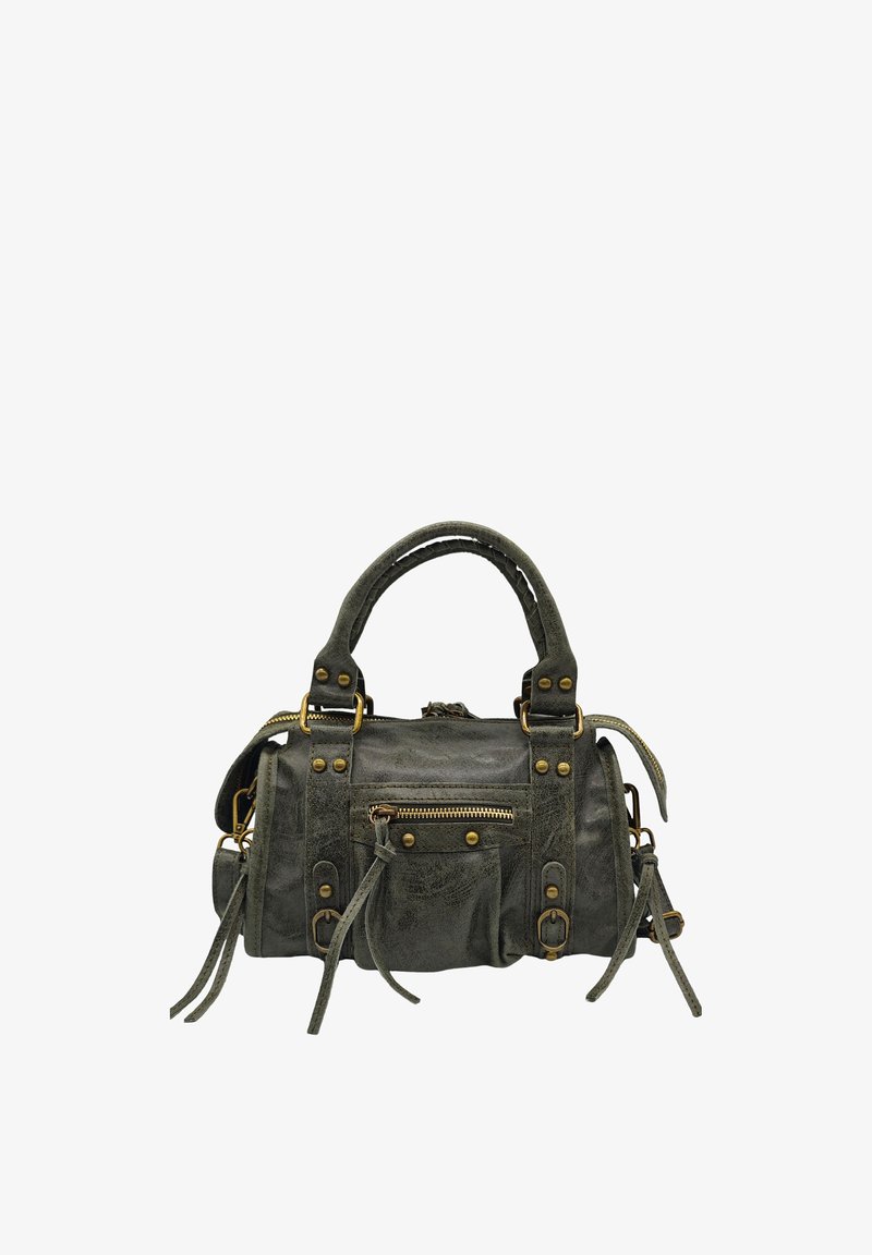 Sac à main en cuir vert avec une forme arrondie, quincaillerie dorée, zips latéraux et pampilles décoratives. Comprend des doubles poignées et une bandoulière amovible.