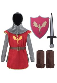 Knight costume set with red tunic, silver accents, dragon emblem, brown belt, matching gauntlets, shield, and sword. Textured fabric details.