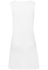 Vestido blanco sin mangas hecho de algodón, con una forma A-line sencilla y un escote redondo. La parte posterior es lisa, sin adornos visibles.