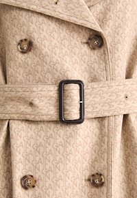 Manteau trench beige présentant un tissu texturé avec un motif répétitif, de grands boutons marron et une boucle de ceinture rectangulaire foncée.