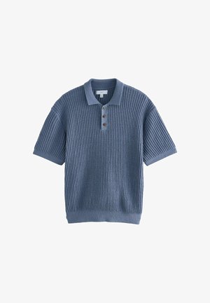 Kurzärmeliger, poloähnlicher Pullover in Hellblau. Strukturiertes Material mit Rippmuster und drei braunen Knöpfen am Kragen. Weiches Material.