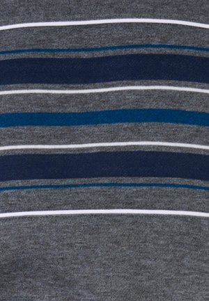 Tessuto a maglia grigio con righe orizzontali in blu scuro, blu chiaro, grigio e bianco. Texture liscia con un classico motivo a righe.